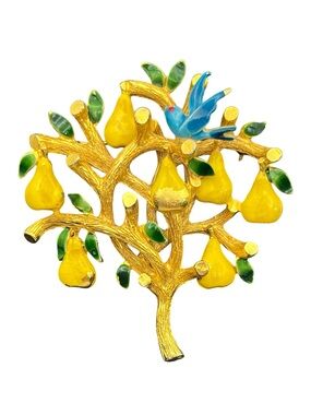 Cadoro bird partridge in pear tree enamel gold tone Christmas brooch pin 12 days